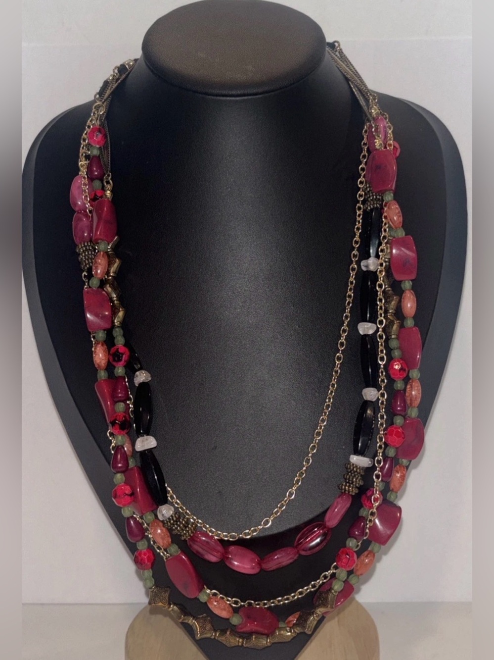 Avenue 36” Multi Strand Statement Necklace Red Pink Beaded Gold Tone Boho Y2K‎